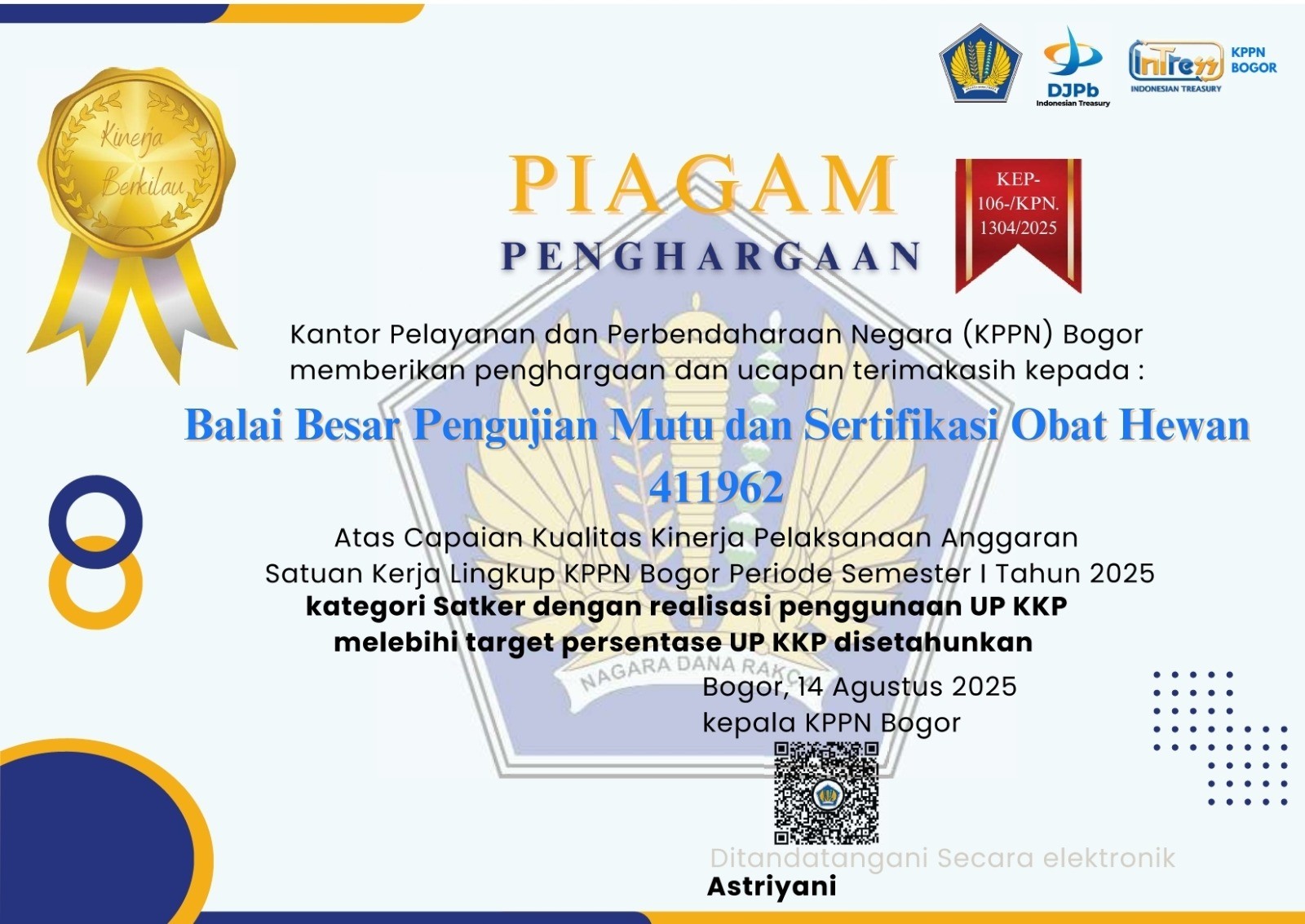 BBPMSOH Raih Penghargaan : Satker dengan Realisasi Penggunaan KKP Melebihi Target Persentase